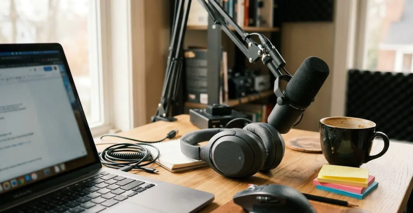 Moderner Content-Creator-Arbeitsplatz mit Kopfhörern für KI-Voice-over-Produktion
