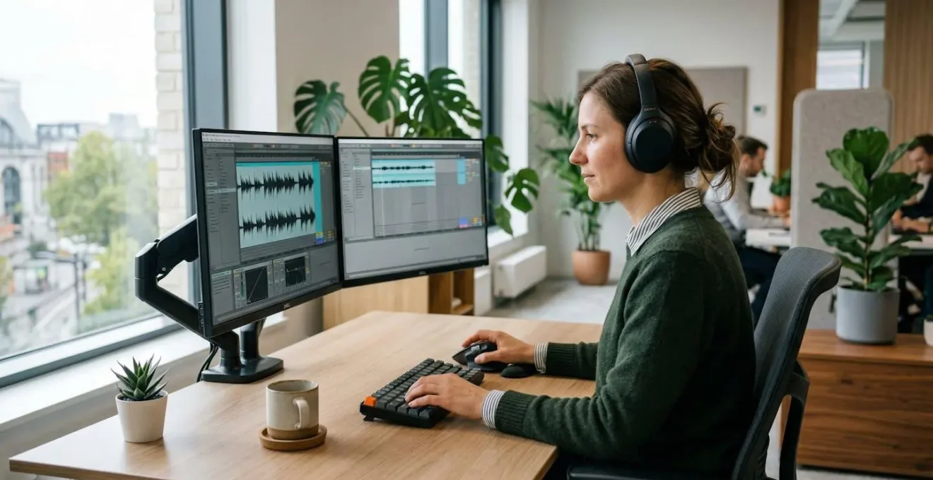 Marketing-Fachfrau bei der Arbeit mit KI-Voice-over-Software am modernen Arbeitsplatz