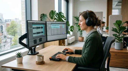 Marketing-Fachfrau bei der Arbeit mit KI-Voice-over-Software am modernen Arbeitsplatz