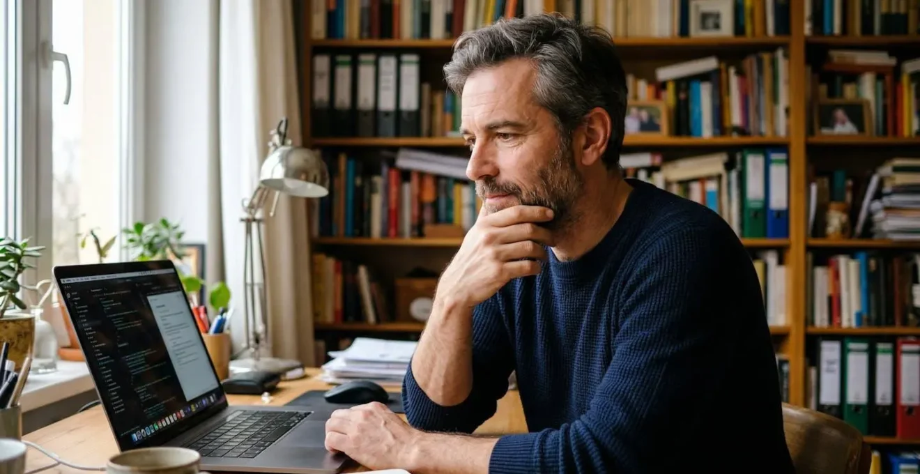 Mann prüft nachdenklich Video-Projekt am Computer im Homeoffice