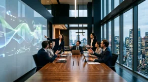 Modernes Geschäftsmeeting mit KPI-Dashboard Präsentation in elegantem Büroumfeld