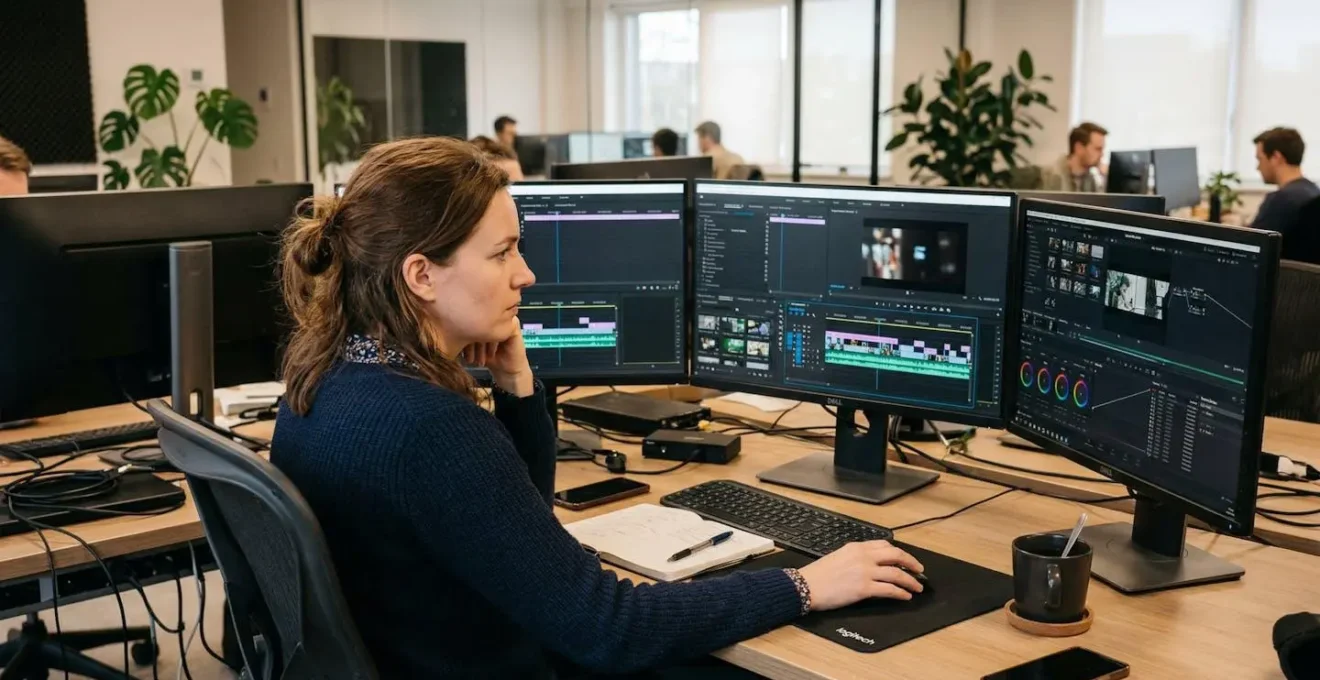 Marketing-Managerin vor komplexer Video-Timeline mit konzentriertem Blick
