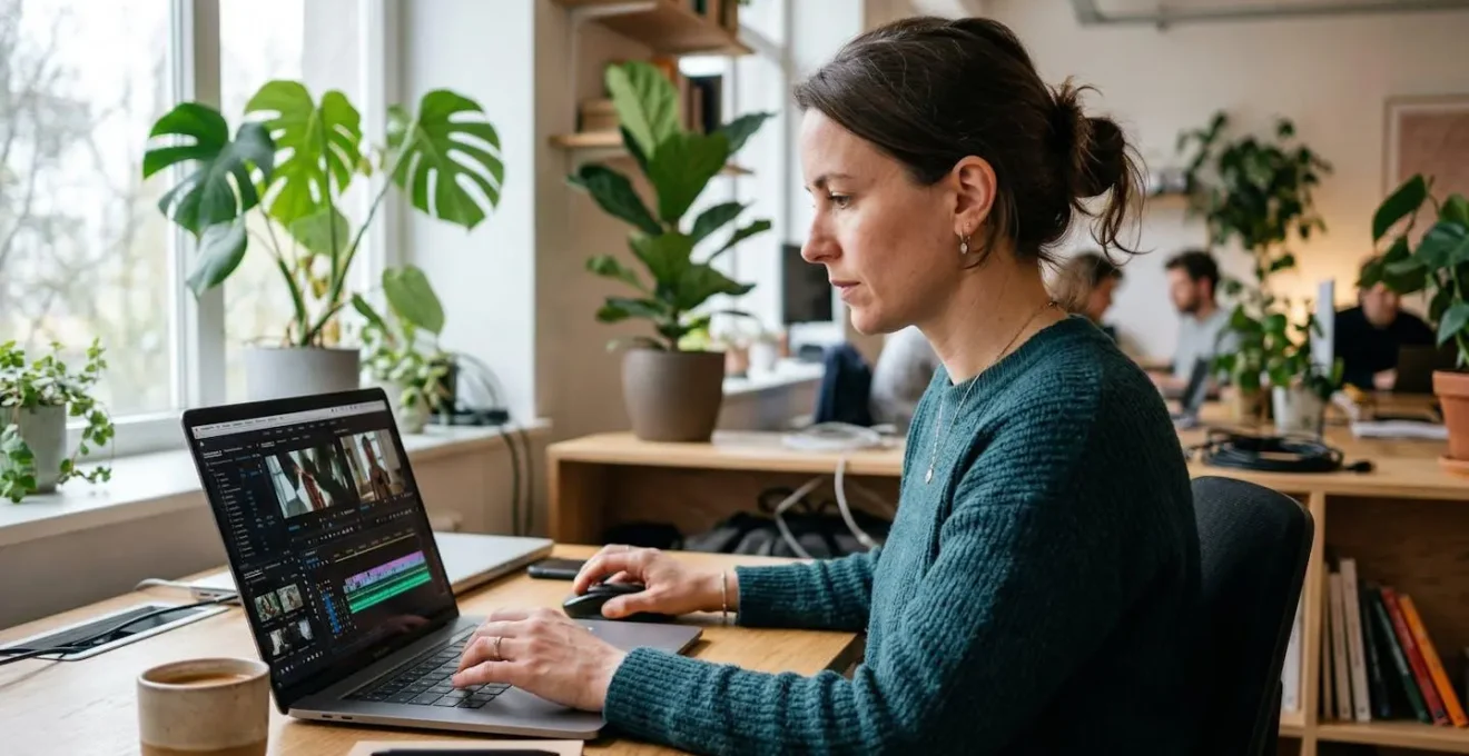Marketing-Expertin bearbeitet Video-Timeline am Laptop in modernem Büro