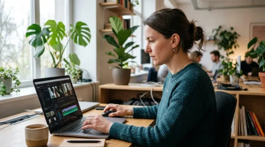 Marketing-Expertin bearbeitet Video-Timeline am Laptop in modernem Büro