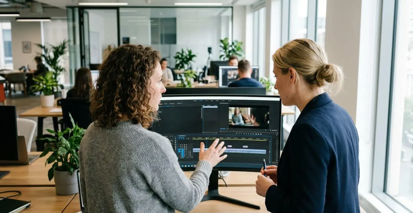 Marketing-Team bei KI-gestützter Videoproduktion am Monitor in modernem Büro