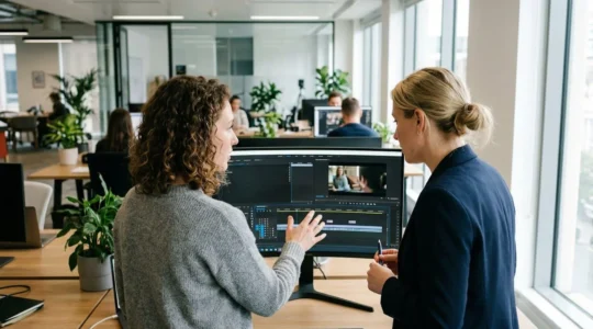 Marketing-Team bei KI-gestützter Videoproduktion am Monitor in modernem Büro