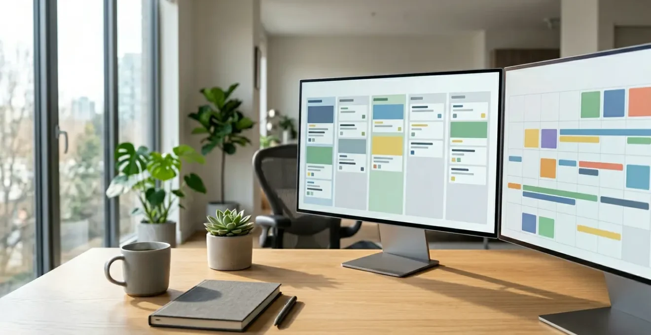Arbeitsplatz mit mehreren Monitoren zeigt verschiedene Planungstools, Kaffeetasse und Notizbuch im Vordergrund