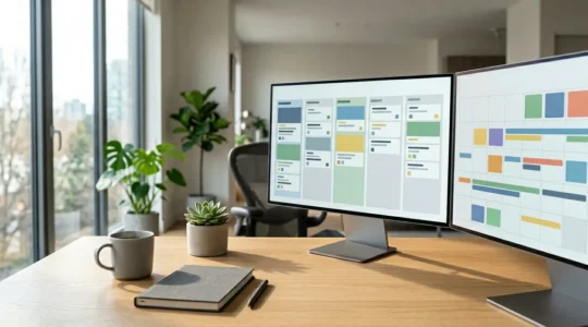 Arbeitsplatz mit mehreren Monitoren zeigt verschiedene Planungstools, Kaffeetasse und Notizbuch im Vordergrund