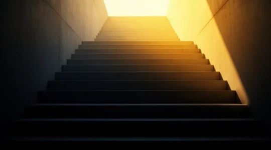 Aufstiegende Treppe vom Schatten ins Licht symbolisiert SEO-Ranking-Verbesserung