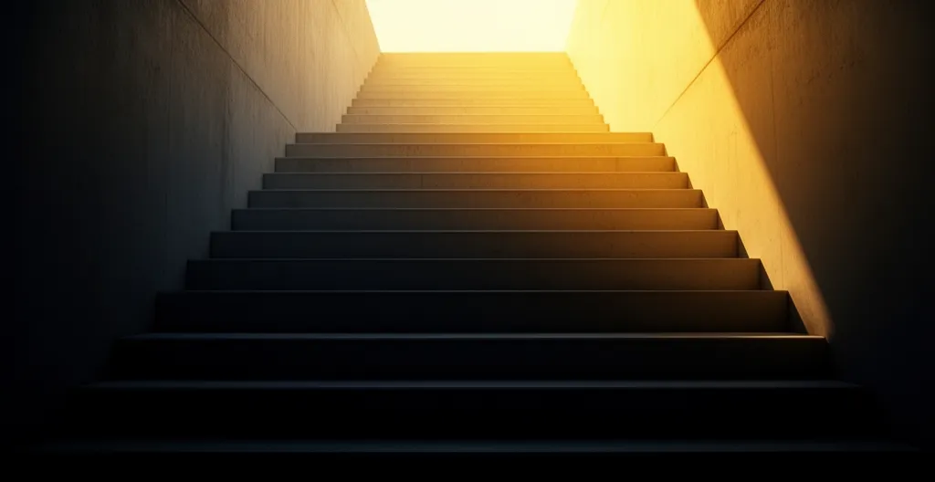 Aufstiegende Treppe vom Schatten ins Licht symbolisiert SEO-Ranking-Verbesserung
