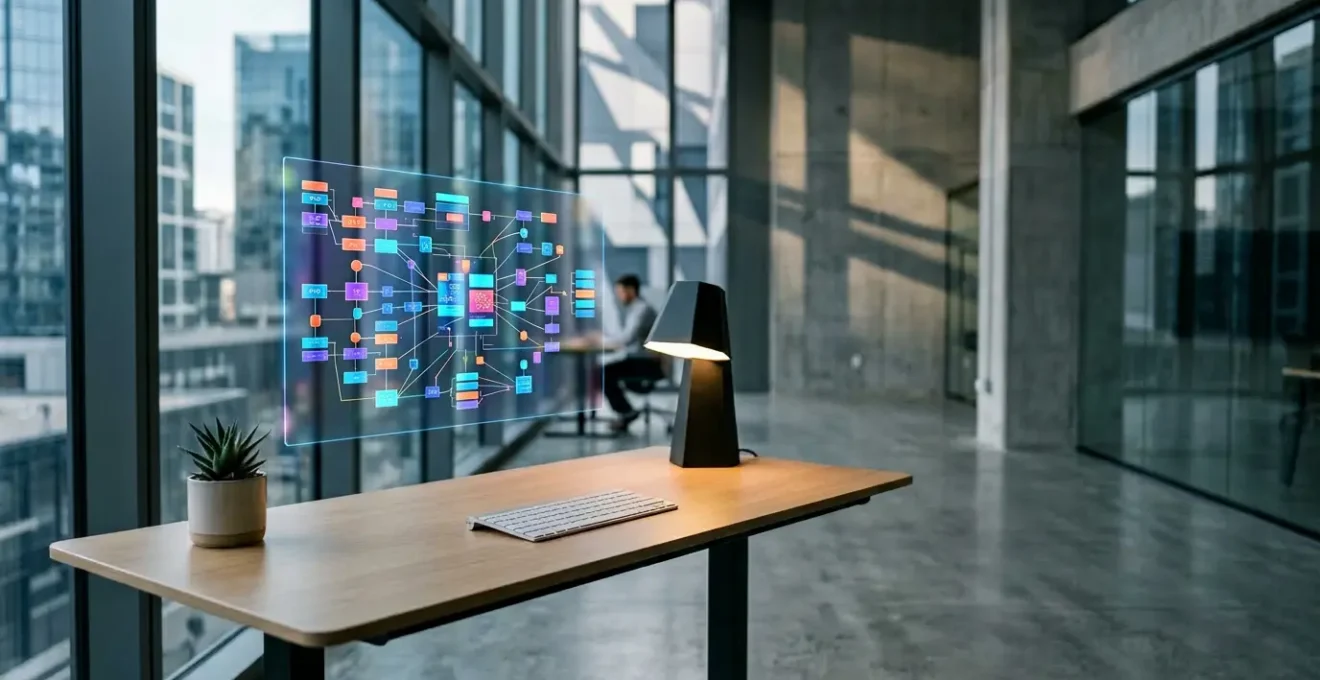 Detailliertes Setup eines modernen Arbeitsplatzes mit Code-Editor zeigt bunte JSON-LD Schema-Markup-Struktur auf transparentem Glasbildschirm