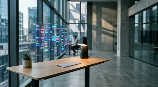 Detailliertes Setup eines modernen Arbeitsplatzes mit Code-Editor zeigt bunte JSON-LD Schema-Markup-Struktur auf transparentem Glasbildschirm