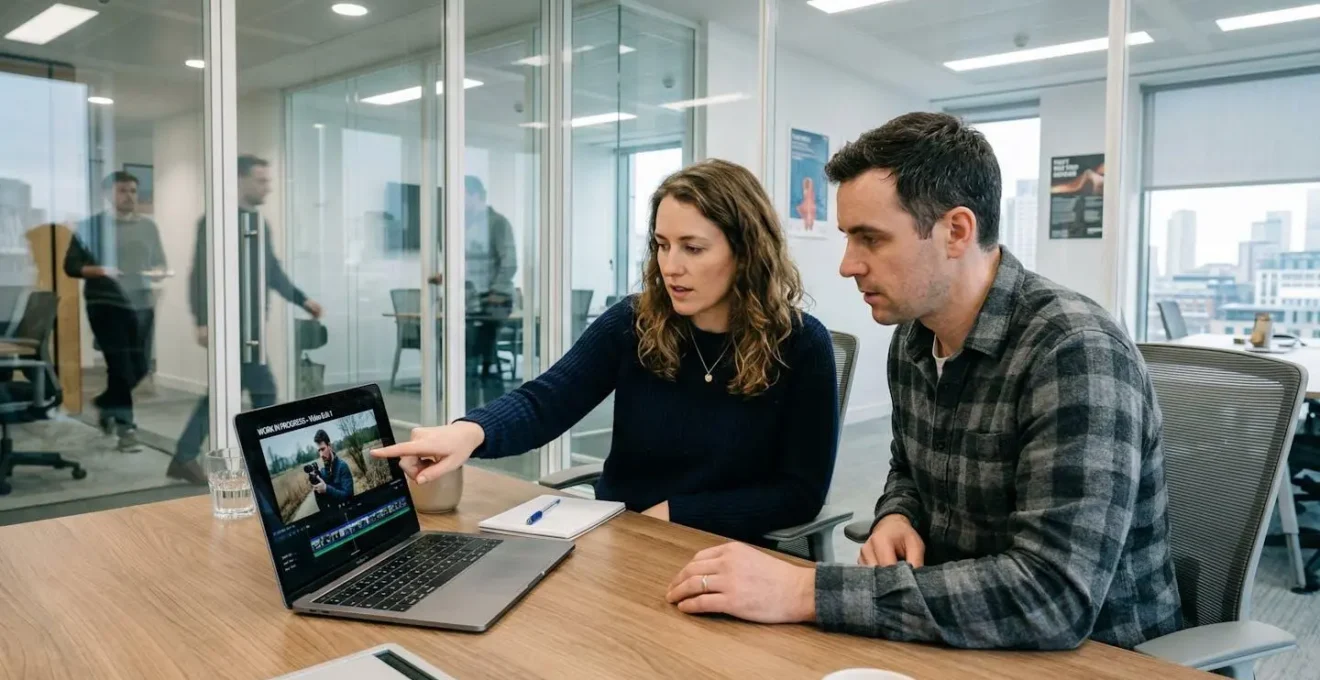 Marketing-Team bei der gemeinsamen Prüfung eines Videos mit KI-Voice-over