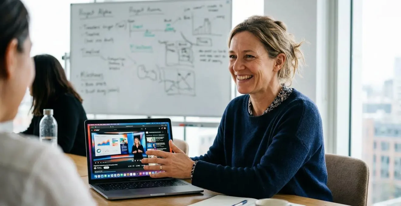 Zufriedene Marketing-Mitarbeiterin zeigt fertiggestelltes Video auf Laptop