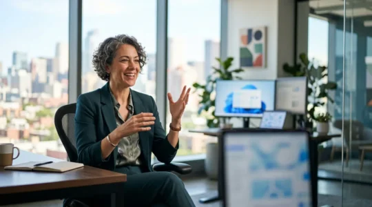 Professioneller LinkedIn Thought Leader in modernem Büro kommuniziert authentisch