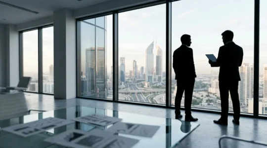 Professionelle B2B-Manager analysieren Whitepaper-Dokumente in einem modernen Büro