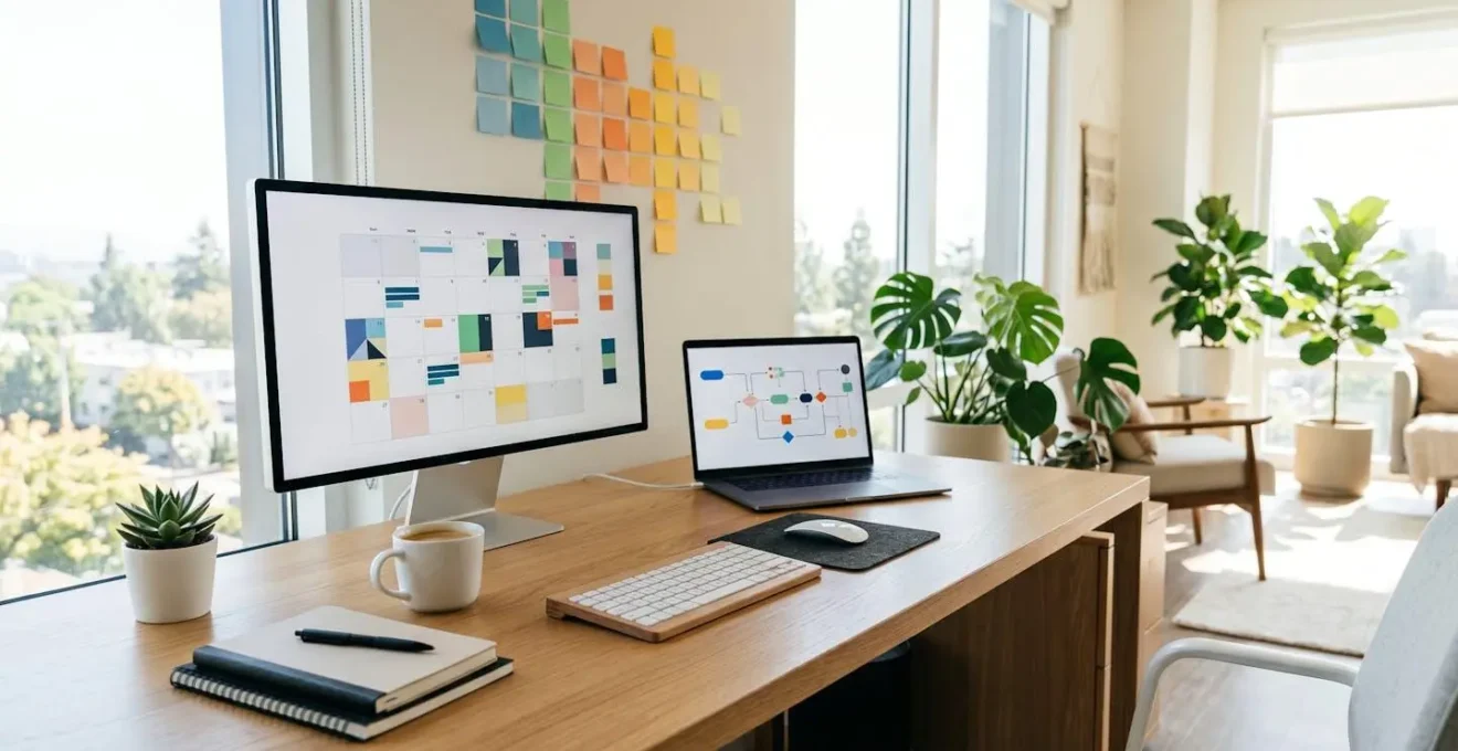 Arbeitsplatz mit Content-Planungstools und LinkedIn-Kalender