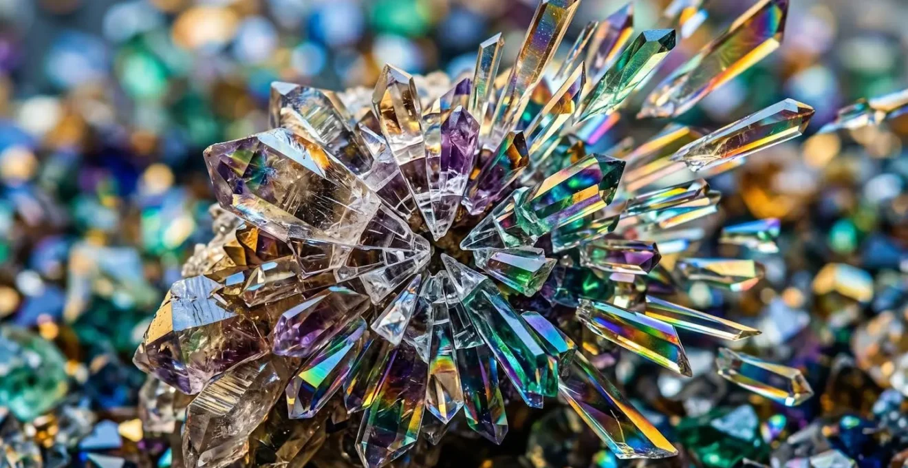 Makroaufnahme von Kristallstrukturen, die sich in multiple Fragmente aufteilen und die Content-Atomisierung symbolisieren