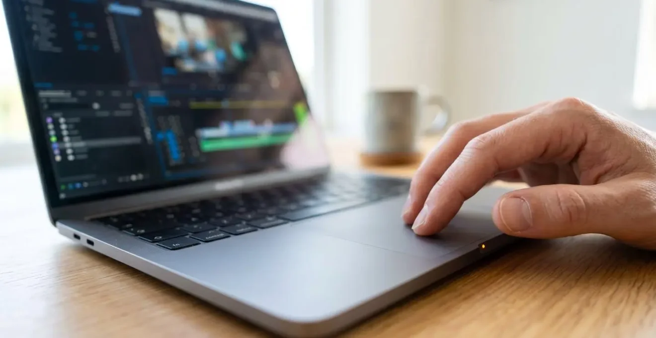 Nahaufnahme von Händen auf einem MacBook-Trackpad mit unscharfem Videobearbeitungs-Interface im Hintergrund auf sauberem Schreibtisch