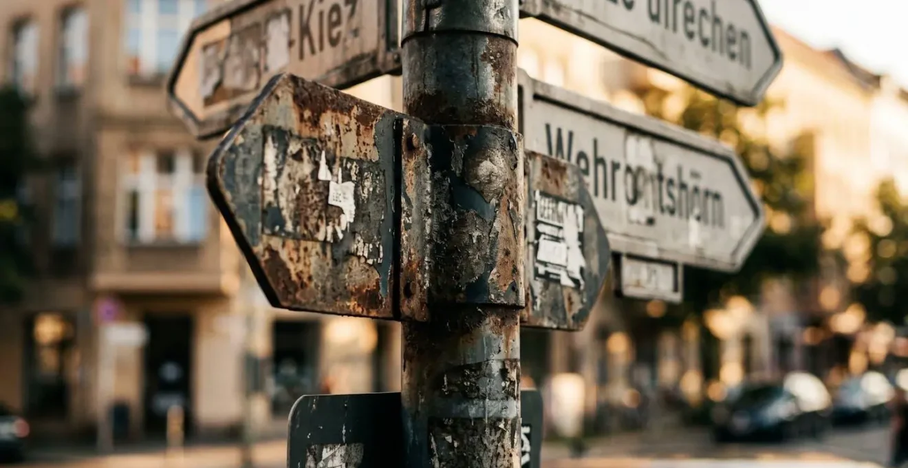 Nahaufnahme eines texturierten Strassenschild-Pfostens in Berlin, der die Idee des hyperlokalen Marketings in Stadtteilen visualisiert