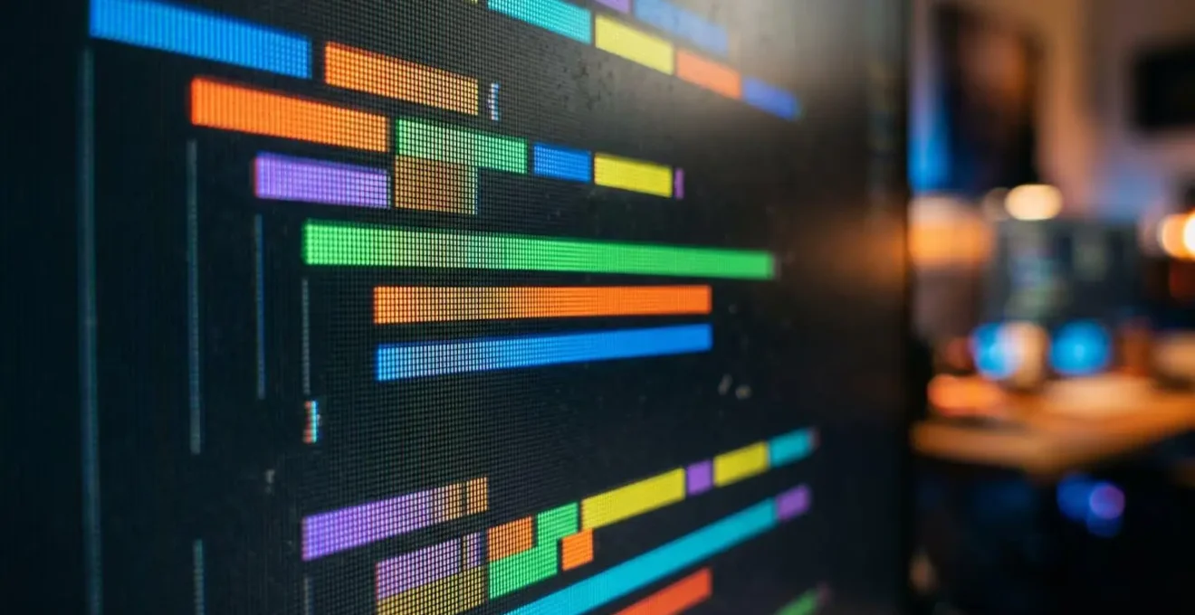 Makroaufnahme eines Bildschirms zeigt farbige Code-Syntax-Highlighting-Blöcke mit verschwommenen abstrakten Mustern