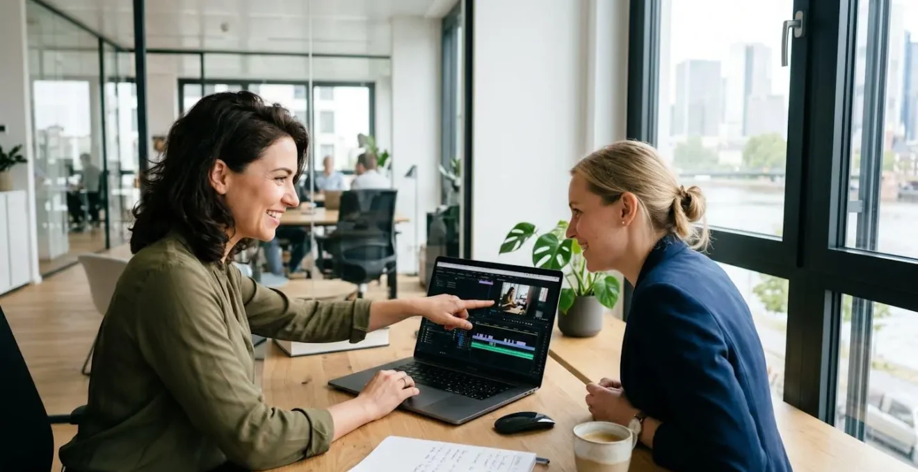 Zwei Marketing-Fachkräfte arbeiten gemeinsam an einem Laptop in einem modernen Münchner Büro und diskutieren eine Video-Timeline