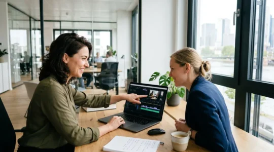 Zwei Marketing-Fachkräfte arbeiten gemeinsam an einem Laptop in einem modernen Münchner Büro und diskutieren eine Video-Timeline