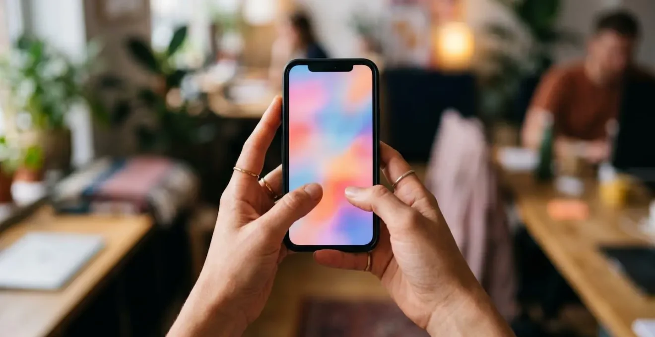 Nahaufnahme von Händen die ein Smartphone halten mit verschwommenen abstrakten Farben im Hintergrund
