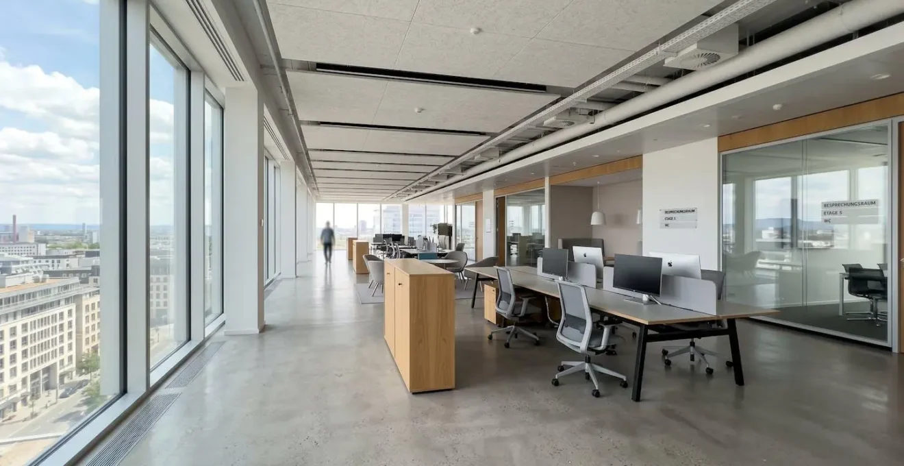 Weitwinkelaufnahme eines hellen, zeitgenössischen Co-Working-Space mit grossen Fenstern, klaren Linien und minimalistischem Design, fast menschenleer