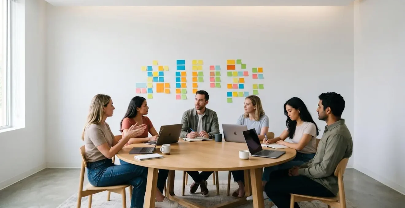 Marketing-Team während einer Retrospektive-Sitzung mit Post-its