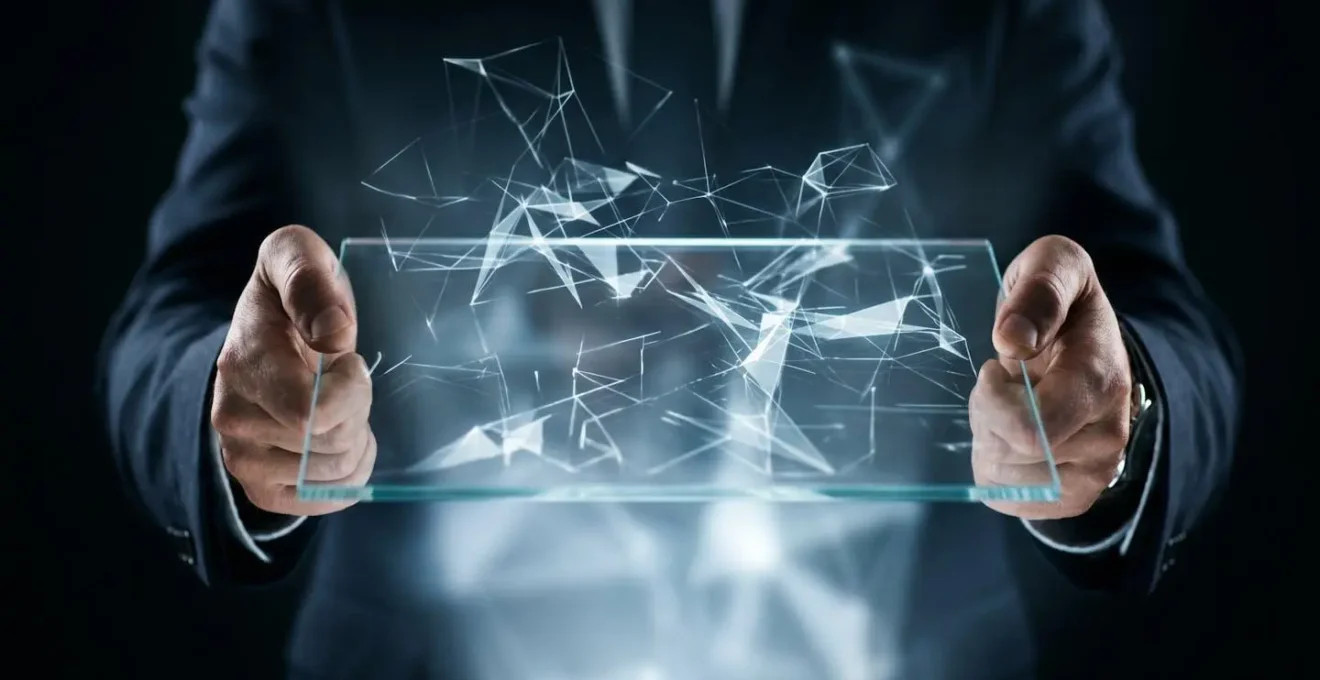 Geschäftsfrau betrachtet holografische Datenvisualisierung, die den Wert eines Whitepapers symbolisiert