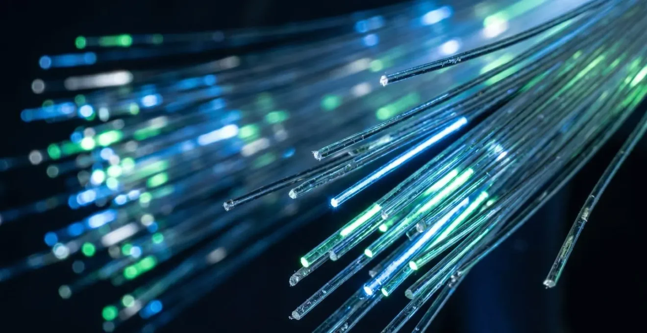 Makroaufnahme von Glasfaserkabeln, die die Geschwindigkeit der Datenübertragung und den Einfluss auf die Website-Performance symbolisieren.